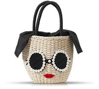Straw Bag, Beach Bag for Woman, Bohemian Hand-Woven Handbags, Cute Sunglasses Red Lip Basket bag, Straw Tote Bag Suitable for Picnic, Travel, Daily Matching, Beige