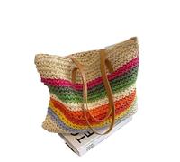 Straw Bag,Straw Beach Bag Straw Braid Large Capacity Shoulder Bags Fashion Casual Rainbow Color Matching For Women High Quality Summer Style(Light Khaki37x44x8cm)