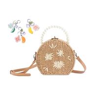 Straw Bags For Women 2025 Hand-woven Wicker Basket Purse Boho Crossbody Handbag With Pearl Strap Handle(Brown)
