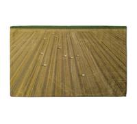 straw bales of wheat lying on harvested field Designer Bath Towel Benjamin Tate Design Blue Bath Towel