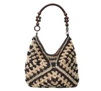 Straw Beach Bag for Women, Summer Handmade Crochet Tote Bag Handbag, Retro Woven Travel Holiday Shoulder Bags for Beach Vacation Work Daily Use (Black)