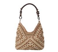 Straw Beach Bag for Women, Summer Handmade Crochet Tote Bag Handbag, Retro Woven Travel Holiday Shoulder Bags for Beach Vacation Work Daily Use (Beige with Khaki)