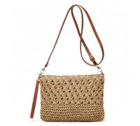 Straw Beach Bag, Handwoven Cutout Cross-Stitch Raffia Crossbody Bag, Camel for Women with Wrist Strap, Raffia Bags for Women