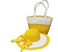 Straw Beach Bag Sun Hat Set for Women with Bow Wide Brim Large Floppy Beach Hat 2 Piece Sets Patchwork Big Capacity Handbag (Yellow,l)