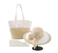 Straw Beach Bag Sun Hat Set for Women with Bow Wide Brim Large Floppy Beach Hat 2 Piece Sets Patchwork Big Capacity Handbag (Beige,l)