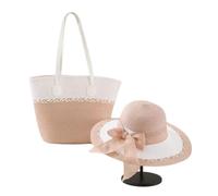 Straw Beach Bag Sun Hat Set for Women with Bow Wide Brim Large Floppy Beach Hat 2 Piece Sets Patchwork Big Capacity Handbag (Pink,l)