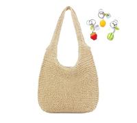 Straw Beach Bag With Zipper Women Large Handmade Woven Shoulder Bags Hobo Tote Handbag Purse Summer(Beige)