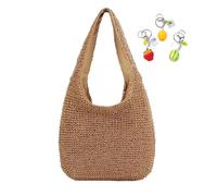 Straw Beach Bag With Zipper Women Large Handmade Woven Shoulder Bags Hobo Tote Handbag Purse Summer(Brown)