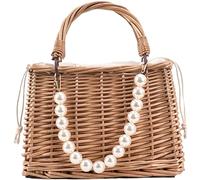 Straw Beach Bags,Summer Clutches Rattan Woven Wicker Purse Crochet Tote with Pearl Handle and Bow(B)