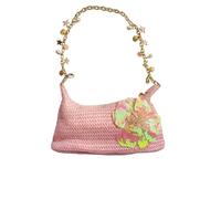 Straw Beach Shoulder Bag with Flower, Seashell and Starfish Charms, Pink
