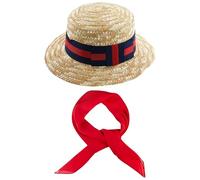 Straw Boater Hat & Scarf Vintage Accessory Set - Lightweight Straw Boater Hat, With a Navy Blue & Red Striped Band and Plain Red Bandana Scarf - Perfect for Any Fancy Dress Party