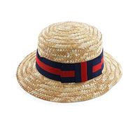 Straw Boater Hat with Blue & Red Ribbon - Edwardian Barbershop Style Summer Hat for Men & Women - Fancy Dress Accessory in 6 Classic Styles