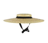Straw Boater Hat Women, Summer Beach Breathable Woven Straw Hat UV Protection with Chin Strap & Lining Vintage Floppy Wide Brim Straw Hat Gift, Black Strap