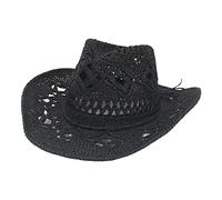 Straw Cowboy Hat Western Cowboy Hat Woven Hollow Out Wide Brim Sun Hats Summer Foldable Roll up Floppy Beach Hats Mesh Breathable for Women Men Black