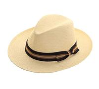 Straw Crushable Foldable Summer Fedora Panama Trilby HAT with Wide Bow Trim Band (Navy/Brown Band)