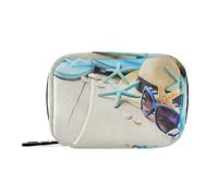 Straw Hat Flip Flops Starfishes Sunglasses On Wood Pill Case with Removable Internal Plastic Boxes Organizer, Small Medicine Bag Holder Zippered Carrier for Travel Storage Container