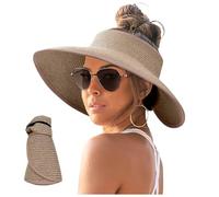 Straw Hat Women Foldable Visor Hats UV Sun Protection Wide Brim Straw Ponytail Summer Beach Hat Lightweight Foldable Packable Summer Travel Sun Hats Ladies StrawVisor for Holiday Travel Hiking Khaki