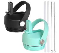Straw lid for Yeti Rambler Water Bottle 18 26 36 64 oz, Replacement Cap Straw Cap for RTIC 18oz 26oz 36oz, Lid with Straw and Brush and Flexible Handle (Black Seafoam)