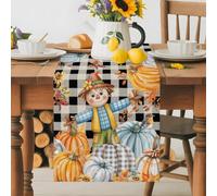 Straw Man Fall Pumpkin Fallen Leaves Table Runner 72 Inches Long,Table Runners Kitchen Dining Tablesation for Home Party, Thanksgiving Retro Black Check Tables Runner Wedding Dresser Scarf