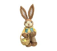 Straw Rabbit Figurine Bunny Statue Easter Sculpture for Tabletop Decoration Yellow Clothes Girl, 35cm
