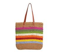 Straw Rainbow Handbags for Women Cotton Crochet Hand-Woven Tote Bag Large Colored Stripe Shoulder Bags (Khaki)
