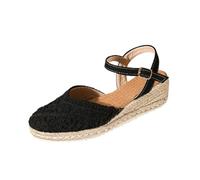 Straw Sandals Women's Wedge Sandals Front Closed Platform Sandals Braided Flat Sandals Slingback Work Shoes Fabric Leisure Sandals Outdoor Sandals with Adjustable Buckle, black, 8 UK