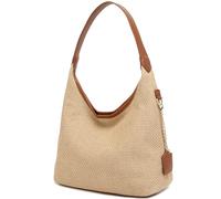 Straw Shoulder Bag for Women Summer Soft Woven Shoulder Purse Handbags,Beach Tote Straw Bag for Vacation, A Khaki, M, Women's Straw Shoulder Bag Beach Tote Bag Handbag