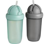 Straw Sippy Cup, 300ml x 2 Pack Teal & Grey Tiny to Tots 12M+ Soft Silicone Straw Sippy Cups with Fold Down Flip Top Lid, Leakproof 360 Cup for Toddlers
