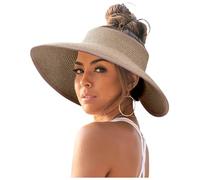 Straw Sun Hats Elegant Wide Brim Large Topless Summer Beach Hat for Big Heads UV Protection Packable Outdoor Cap for Women Travel Holiday Khaki One Size