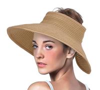 Straw Sun Hats for Women, Summer Hat, Straw Visor Hat for Women, Travel Wide Brim Beach Hats for Sun Protection, Packable Foldable Adjustable Sun Hat with Ponytail Hole, Khaki, Black, M