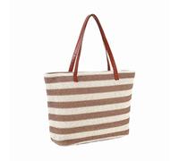Straw Tote Beach Bag Striped Shoulder Handbag Stitch Woven PU Leather Handle Zipper Closure Inner Pocket Travel Shopping Picnic