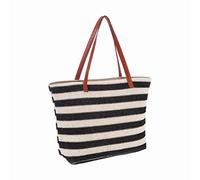 Straw Tote Beach Bag Striped Shoulder Handbag Stitch Woven PU Leather Handle Zipper Closure Inner Pocket Travel Shopping Picnic