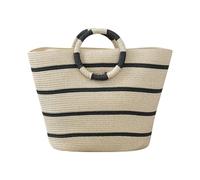 Straw Tote Beach Bag Striped Shoulder Handbag Stitch Woven PU Leather Handle Zipper Closure Inner Pocket for Travel Shopping Outdoor Picnic Beach Vacation Daily Use