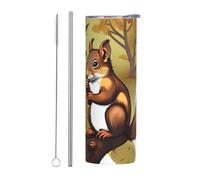 Straw Two-Piece Set Stainless Steel Mug â€“ 20 oz Nut-Eating Squirrel Print Insulated Water Bottle, Portable Thermos Cup for Hot & Cold Beverages