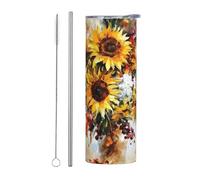 Straw Two-Piece Set Stainless Steel Mug â€“ 20 oz Oil Painting Sunflower Print Insulated Water Bottle, Portable Thermos Cup for Hot & Cold Beverages