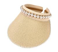 Straw Visor Hats for Women Foldable Wide Brim Pearl Roll Up Sun Visor Hat Baseball Cap Beach Ponytail Hats Empty Top Outdoor Travel Adjustable Spring Summer Men and Women for Unisex Beige One Size