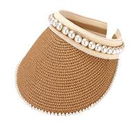 Straw Visor Hats for Women Foldable Wide Brim Pearl Roll Up Sun Visor Hat Baseball Cap Beach Ponytail Hats Empty Top Outdoor Travel Adjustable Spring Summer Men and Women for Unisex Khaki One Size