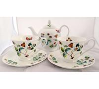 Strawberries and Butterflies Tea Set for Two Fine Bone China Hand Decorated in The UK Tea Set 1 Teapot 2 Cups & 2 Saucer