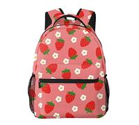 Strawberries And Flowers On Pink Kids Backpacks Large-Capacity School Bags 16 Inch Portable Laptop Bookbag Casual Backpack For 1th- 6th Grade Boys And Girls