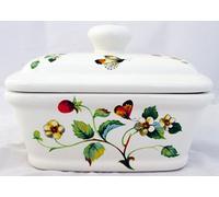 Strawberries & Butterflies Butter Dish Fine Bone China Lidded Container Hand Decorated in UK