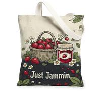 Strawberries Canvas Tote Bag for Women, Vintage Rustic Basket Jam Summer Red Washable Reusable Market Tote for Shopping Brunch Park Library Day Trips 13x15 Inch