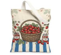 Strawberries Canvas Tote Bag for Women, Vintage Rustic Basket Jam Summer Red Washable Reusable Small Tote Bags Ideas for Fa, Red, 13x15 Inch