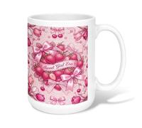 Strawberries Ceramic Coffee Mug, Romantic Fanciful Bows Tulips Spring Peach Novelty Office Drinking Cup with Handle Ideal for Friends Family Co-Worker Lovers Eldership Senior 15 Oz