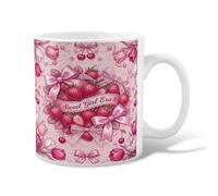 Strawberries Ceramic Coffee Mug, Romantic Fanciful Bows Tulips Spring Peach Novelty Tea Cup with Handle Ideal for Friends Family Coworkers Teachers Couples Employees 11 Oz