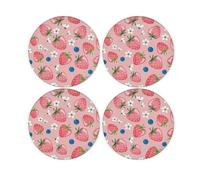 Strawberries Coaster Set - Round Glass Colourful Berries Flowers Design Gift - Set of Four (4) Drinks Coasters