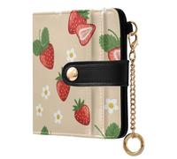 Strawberries Flowers Beige Pattern Small Women Wallet RFID Blocking Leather Bifold Compact Card Holder with Zipper Coin Pocket Purse for Girls Women Ladies