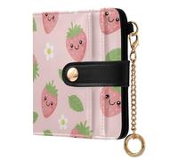 Strawberries Flowers Pink Print Small Women Wallet RFID Blocking PU Leather Bifold Compact Card Holder with Zipper Coin Pocket Purse for Women Ladies Girls