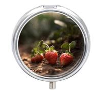 Strawberries in The Soil Pill Box Cute Round Small Pill Organizer Portable with 3 Compartments Travel Metal Pill Case for Pocket Or Purse Privacy Protecting Medicine Box