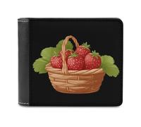 Strawberries in Woven Basket Fashion Trifold Wallet Classic Lightweight Credit Card Leather Wallets for Men