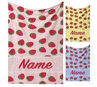 Strawberries Personalised Blanket - Add Name & Choose Background Colour - Custom Kids Fruit Throw in Cuddle or Polar Fleece - Small, Medium, Large - Cute Summer Bedroom Gift